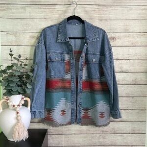 Denim Jean Jacket with Multicolor Pattern